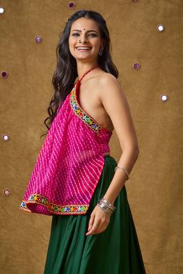 Pink Georgette Navratri Garba Leheriya Multi colour thread work Readymade Padded Blouse 3