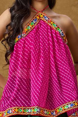 Pink Georgette Navratri Garba Leheriya Multi colour thread work Readymade Padded Blouse 4