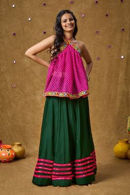 Pink Georgette Navratri Garba Leheriya Multi colour thread work Readymade Padded Blouse 5
