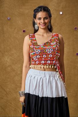 Maroon Cotton Navratri Garba Mirror Kutchi patch work with Kodi design Readymade Padded Blouse 1