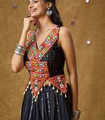Black Cotton Multicolor Embroidered Readymade Padded Navratri Blouse - Choli