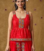 Red Cotton Navratri Garba Mirror Work Peplum Readymade Padded Blouse