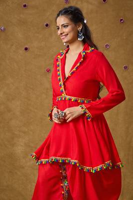 Red Cotton Navratri Garba Mirror Work Peplum Readymade Blouse 3