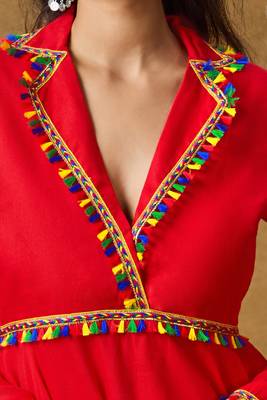 Red Cotton Navratri Garba Mirror Work Peplum Readymade Blouse 4