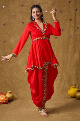 Red Cotton Navratri Garba Mirror Work Peplum Readymade Blouse 5