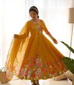 Yellow COLOUR SOFT ORGANZA TABI SILK FULLY STITCHED PRINTED STICHED GOWN