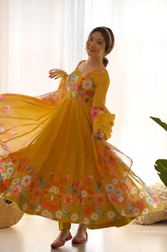 Yellow SOFT ORGANZA TABI SILK FULLY STITCHED PRINTED STICHED GOWN