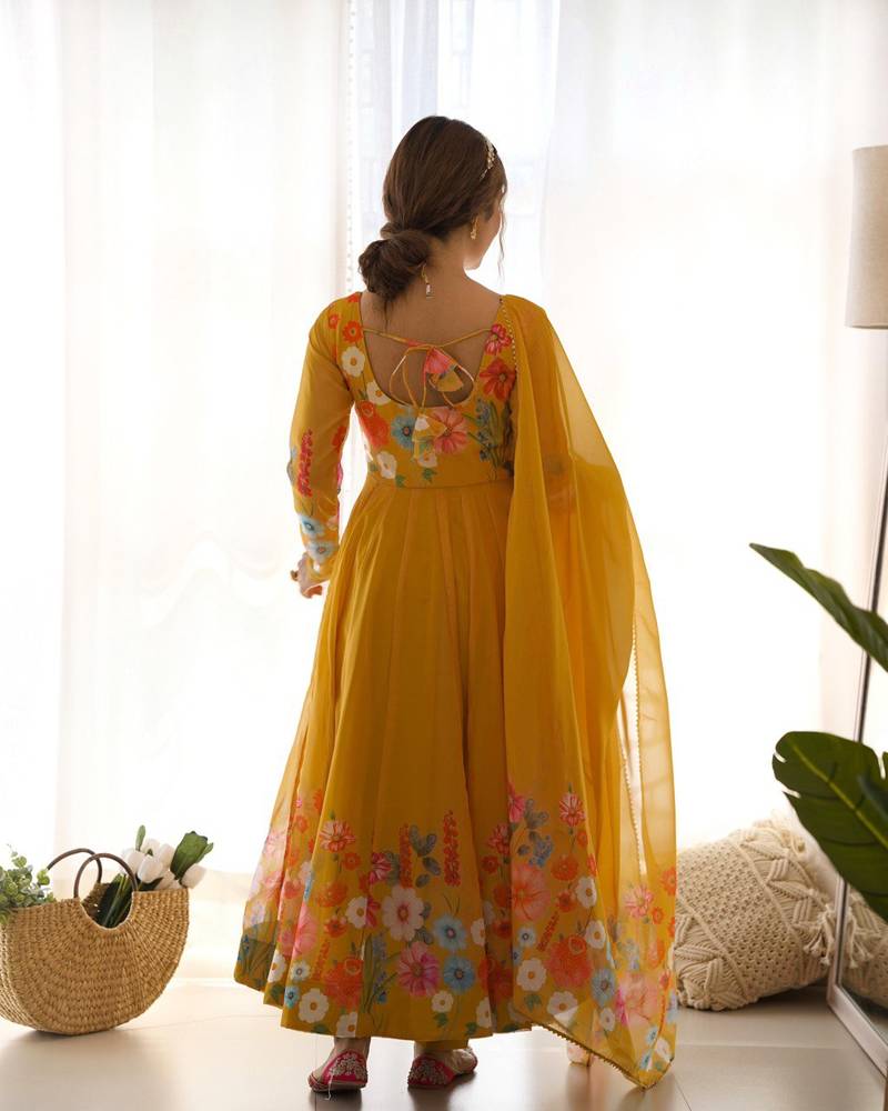 Yellow COLOUR SOFT ORGANZA TABI SILK FULLY STITCHED PRINTED STICHED GOWN