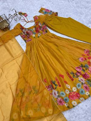 Yellow SOFT ORGANZA TABI SILK FULLY STITCHED PRINTED STICHED GOWN 6