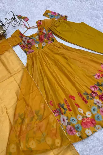 Yellow SOFT ORGANZA TABI SILK FULLY STITCHED PRINTED STICHED GOWN