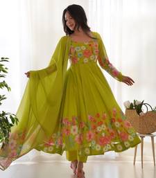 Parrot Green COLOUR SOFT ORGANZA TABI SILK FULLY STITCHED PRINTED STICHED GOWN