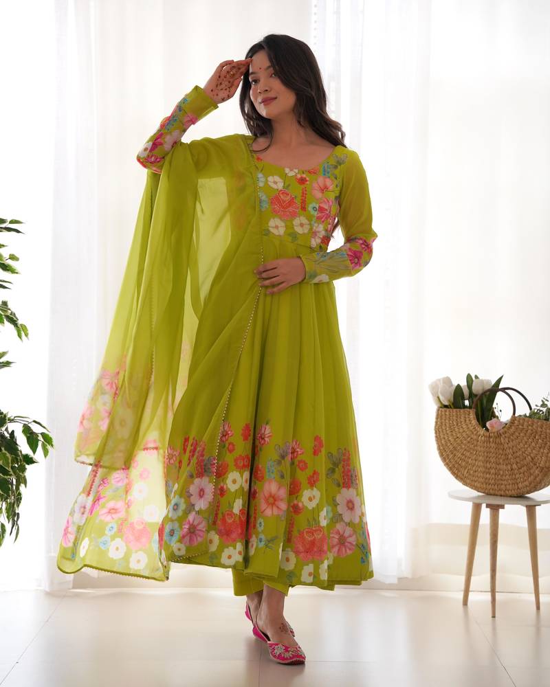 Parrot Green COLOUR SOFT ORGANZA TABI SILK FULLY STITCHED PRINTED STICHED GOWN