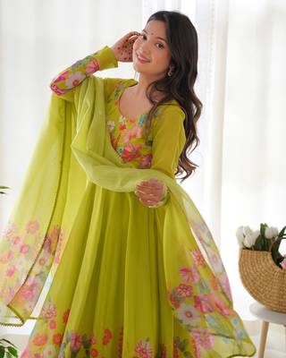 Parrot Green COLOUR SOFT ORGANZA TABI SILK FULLY STITCHED PRINTED STICHED GOWN 4