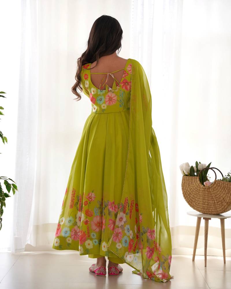Parrot Green COLOUR SOFT ORGANZA TABI SILK FULLY STITCHED PRINTED STICHED GOWN