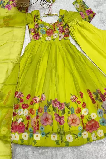 Parrot Green COLOUR SOFT ORGANZA TABI SILK FULLY STITCHED PRINTED STICHED GOWN