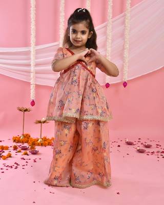 Girl's peach floral kurta with flared palazzo set 1