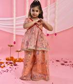 Girl's peach floral kurta with flared palazzo set