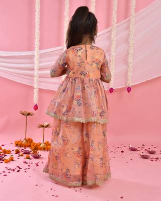 Girl's peach floral kurta with flared palazzo set 2