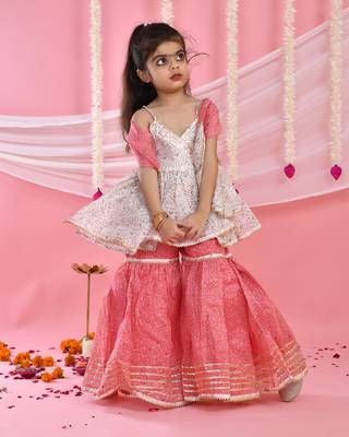 Girl's white and pink kurta sharara set with dupatta 1