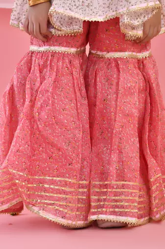 Girl's white and pink kurta sharara set with dupatta