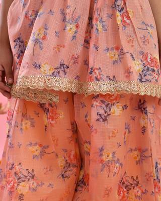Girl's peach floral kurta with flared palazzo set 5