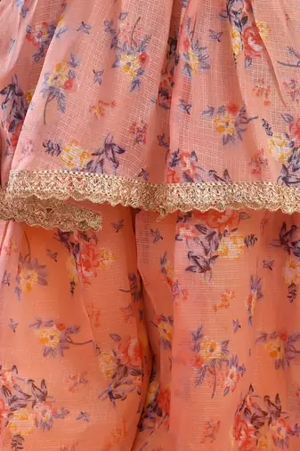 Girl's peach floral kurta with flared palazzo set