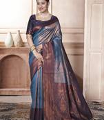 Blue Kanchipuram Silk Zari Weaving With Gold Zari Border And Pallu Saree With Blouse For Women