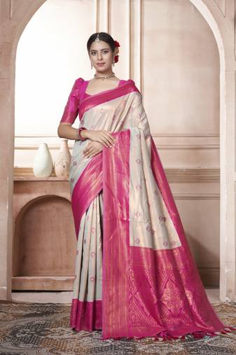 Cream Kanchipuram Silk Zari Weaving With Gold Zari Border And Pallu Saree With Blouse For Women