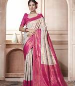 Cream Kanchipuram Silk Zari Weaving With Gold Zari Border And Pallu Saree With Blouse For Women