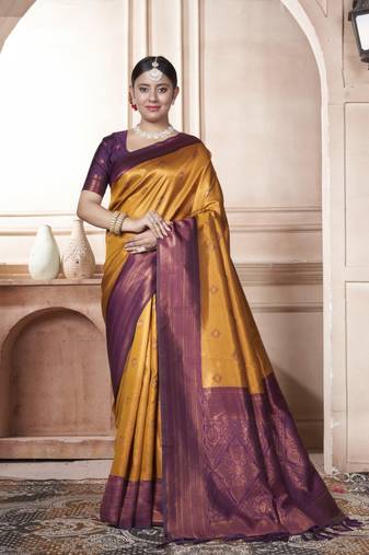 Yellow Kanchipuram Silk Zari Weaving With Gold Zari Border And Pallu Saree With Blouse For Women