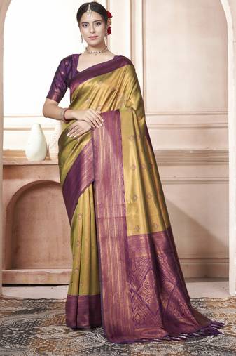 Mustard Kanchipuram Silk Zari Weaving With Gold Zari Border And Pallu Saree With Blouse For Women