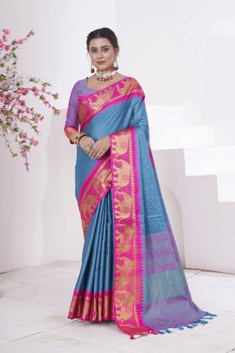 Sky Blue kanjivaram silk blend with Rich Gold Border And Elephant Motifs Saree With Blouse For Women