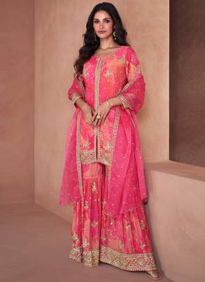 Hot pink sequence embroidery printed gharara suit 1