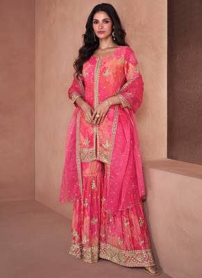 Hot pink sequence embroidery printed gharara suit 2
