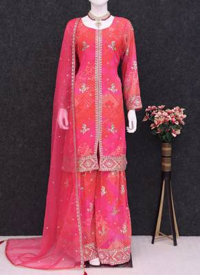 Hot pink sequence embroidery printed gharara suit 3