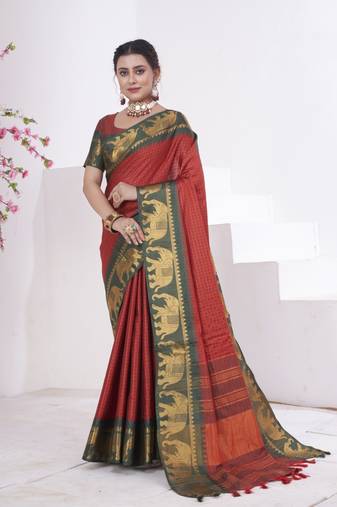 Red kanjivaram silk blend with Rich Gold Border And Elephant Motifs Saree With Blouse For Women