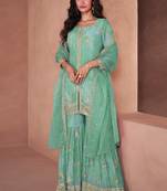 Turquoise sequence embroidery printed gharara suit