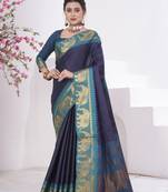 Navy Blue kanjivaram silk blend with Rich Gold Border And Elephant Motifs Saree With Blouse For Women