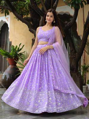 lavender georgette sequins work lehenga set choli with dupatta 5