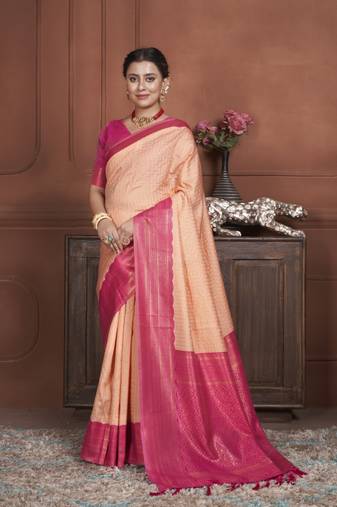 Peach Kanchipuram Silk Zari Weaving With Gold Zari Border And Pallu Saree With Blouse For Women
