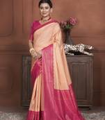 Peach Kanchipuram Silk Zari Weaving With Gold Zari Border And Pallu Saree With Blouse For Women