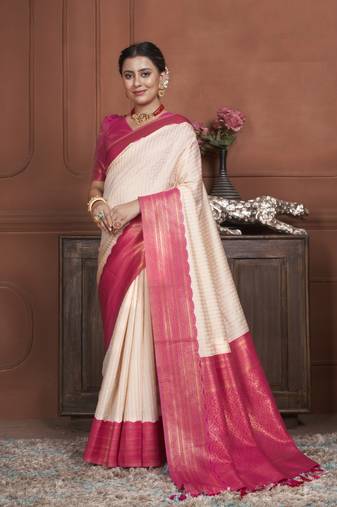 Cream Kanchipuram Silk Zari Weaving With Gold Zari Border And Pallu Saree With Blouse For Women