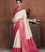 Cream Kanchipuram Silk Zari Weaving With Gold Zari Border And Pallu Saree With Blouse For Women