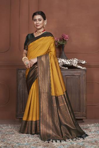 Mustard Kanchipuram Silk Zari Weaving With Gold Zari Border And Pallu Saree With Blouse For Women