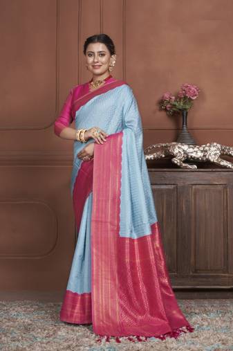Sky Blue Kanchipuram Silk Zari Weaving With Gold Zari Border And Pallu Saree With Blouse For Women