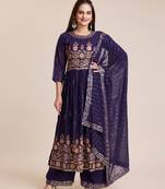 Blue Thread Embroidered Kurti Set with Sharara & Dupatta   Classic with a Twist