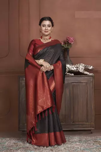 Black Kanchipuram Silk Zari Weaving With Gold Zari Border And Pallu Saree With Blouse For Women