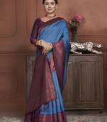 Indigo Kanchipuram Silk Zari Weaving With Gold Zari Border And Pallu Saree With Blouse For Women