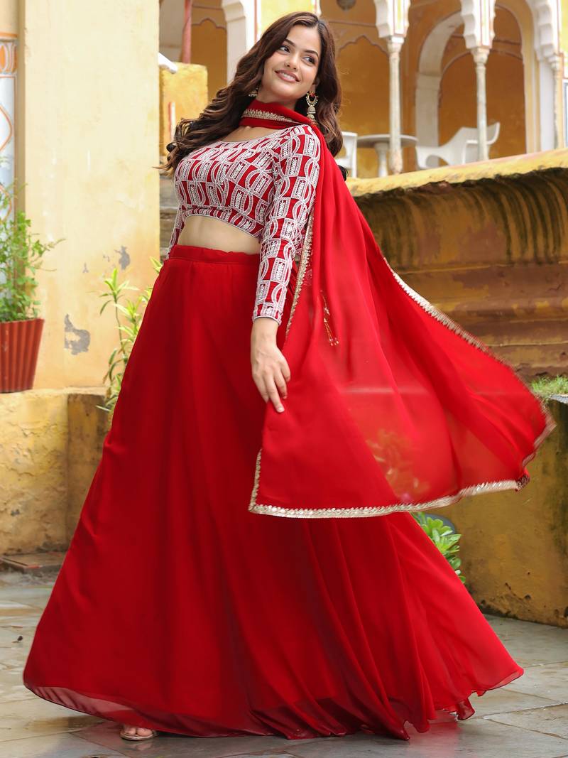 Wonderful Red Georgette Event Wear Lehenga With Embroidered Choli