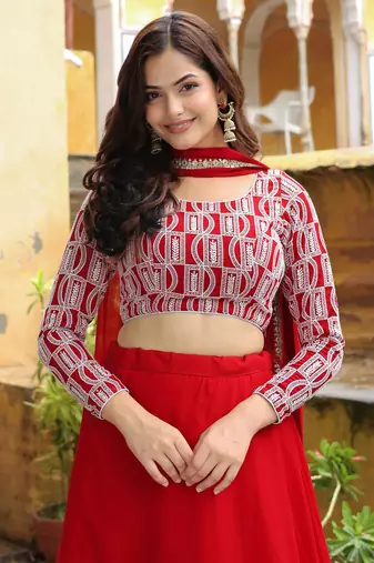 red georgette event lehenga with embroidered choli